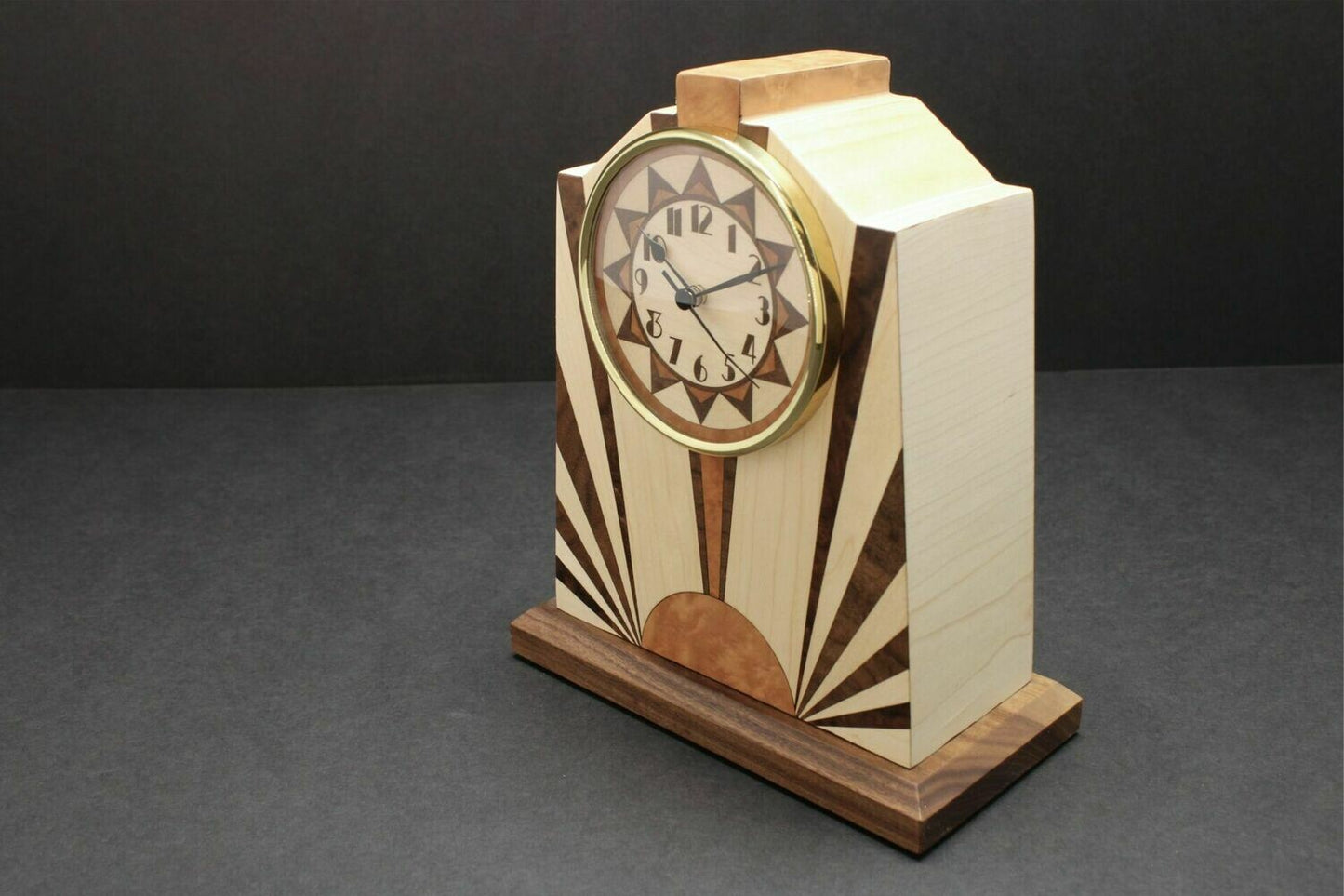 Handcrafted Mantle Clock - Art Deco with Inlaid Rising Sun  MC-7  Made in the U.S.