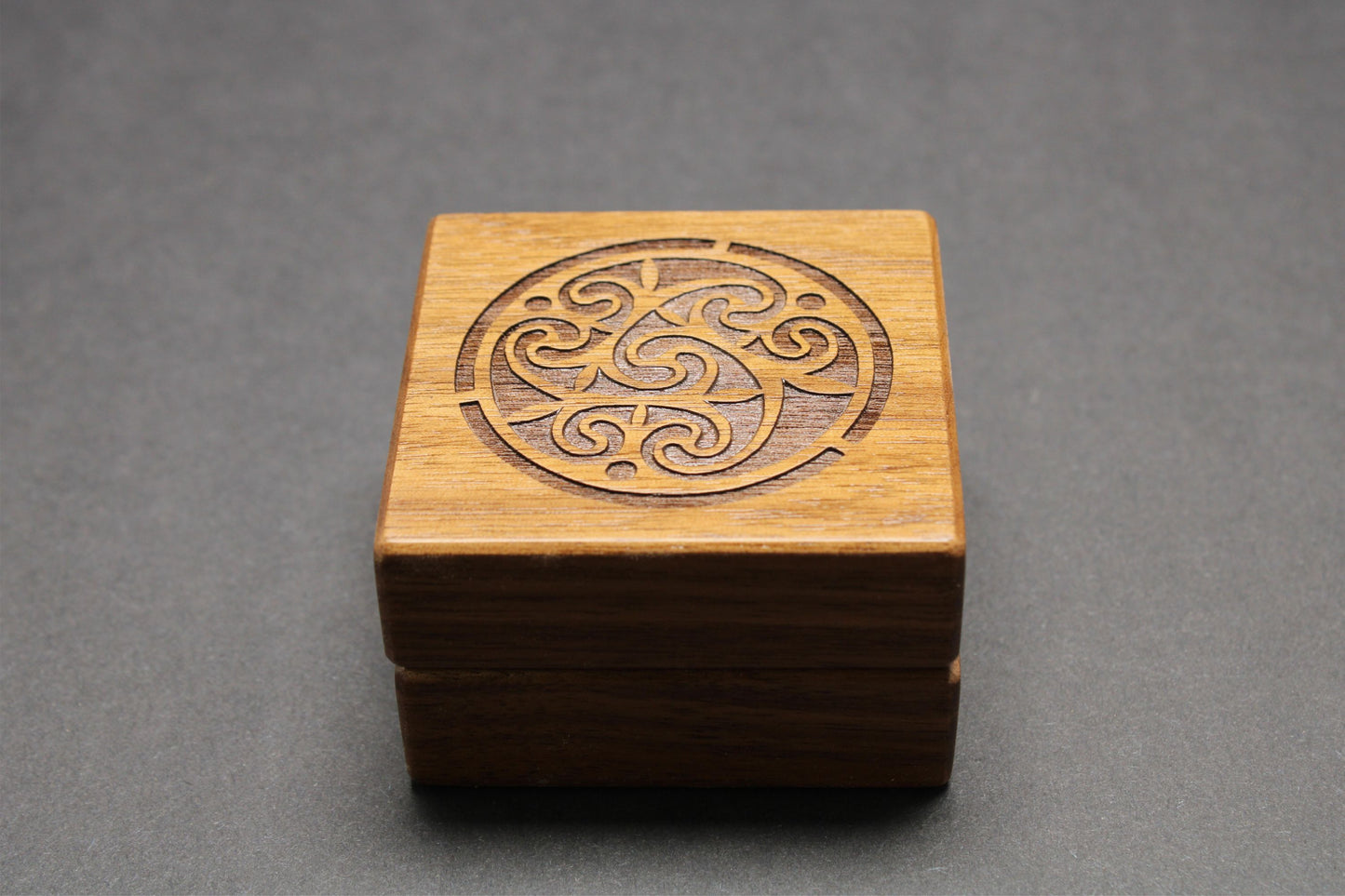 Handcrafted Engraved Walnut Ring Box RB-14, Celtic Engraving.    Made in the U.S.