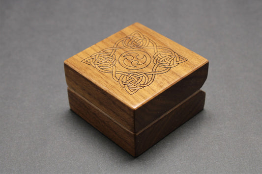 Handcrafted Engraved Walnut ring box RB-15, Celtic Engraving.   Made in the U.S.