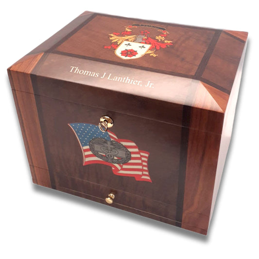 75-Count  Custom Humidor with family crest (Two-Toned Finish, and Drawer)  Made in the U.S.