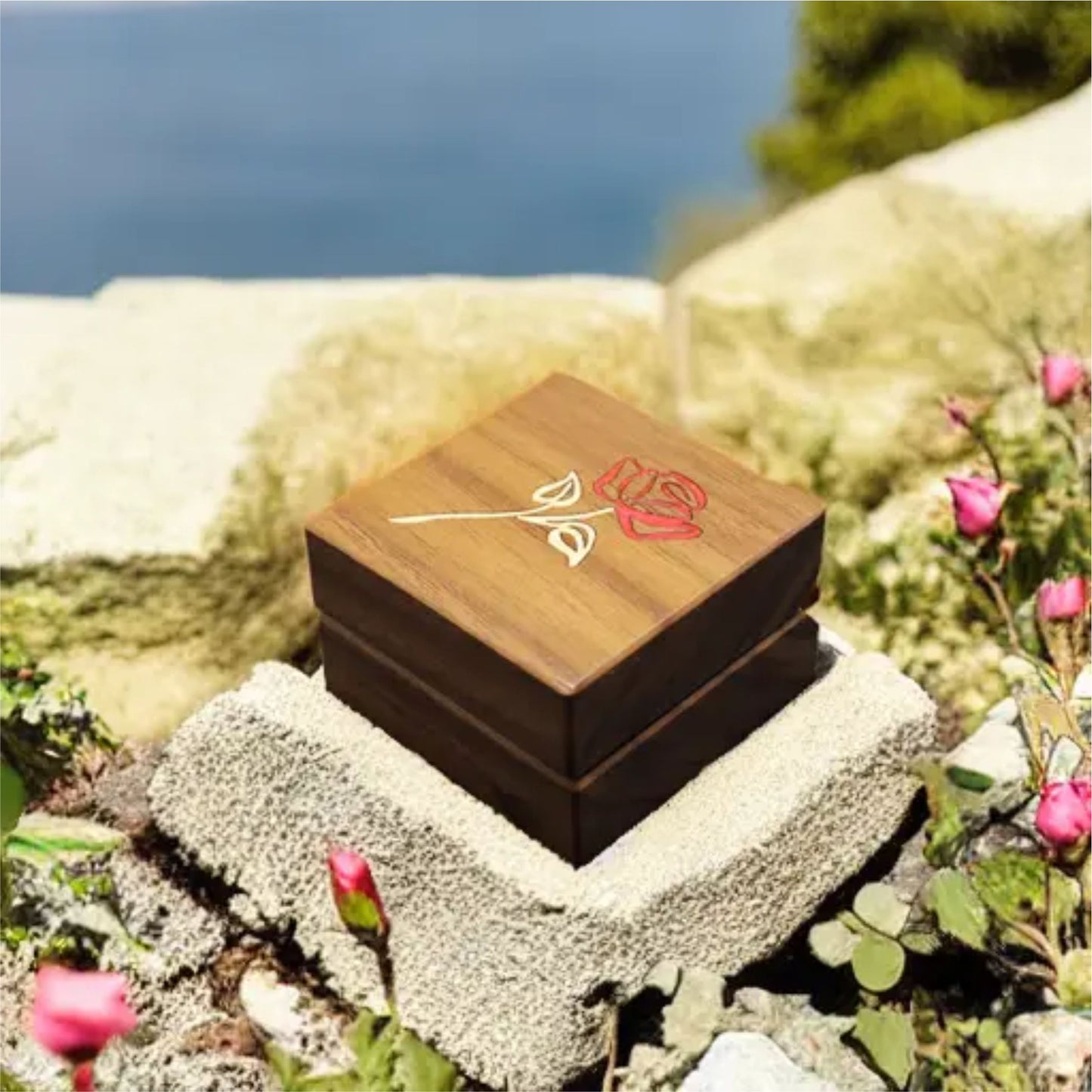 Handcrafted Inlaid Walnut Ring Box - "Rose" RB-32   Made in the U.S.