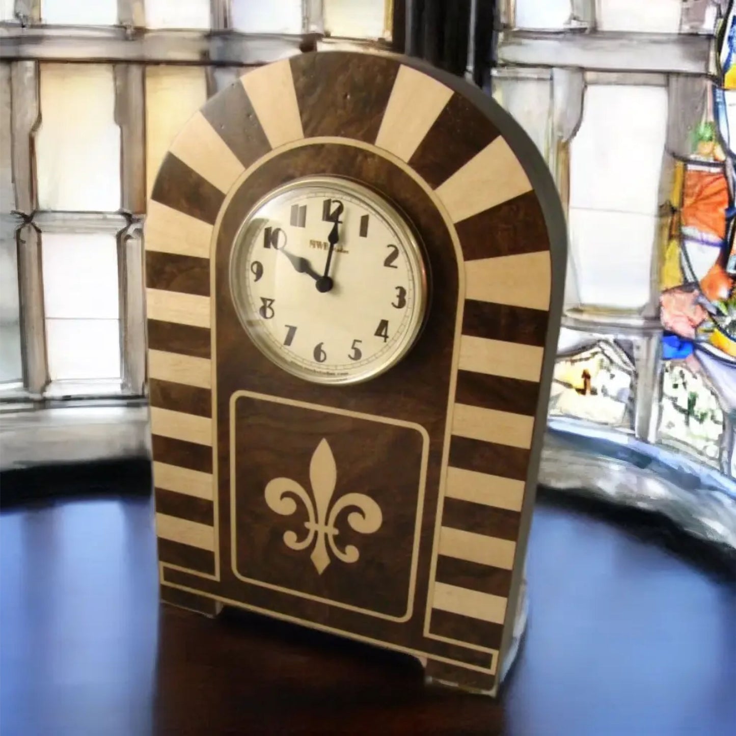 Handcrafted Mantle Clock - Art Deco with Inlaid Fleur-De-Lis  MC-34  Made in the U.S.