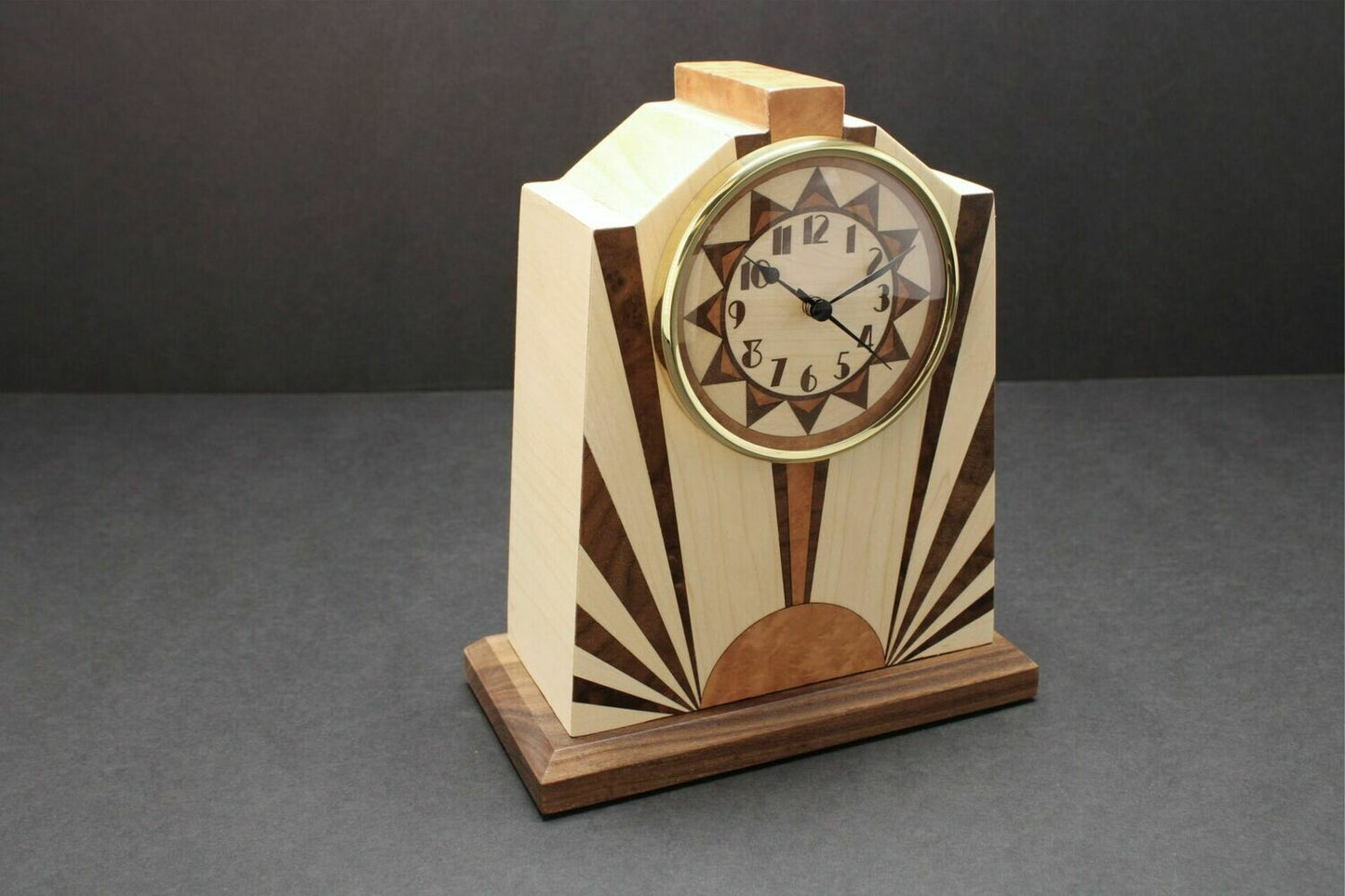 Handcrafted Mantle Clock - Art Deco with Inlaid Rising Sun  MC-7  Made in the U.S.