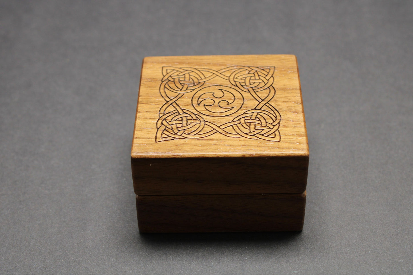 Handcrafted Engraved Walnut ring box RB-15, Celtic Engraving.   Made in the U.S.