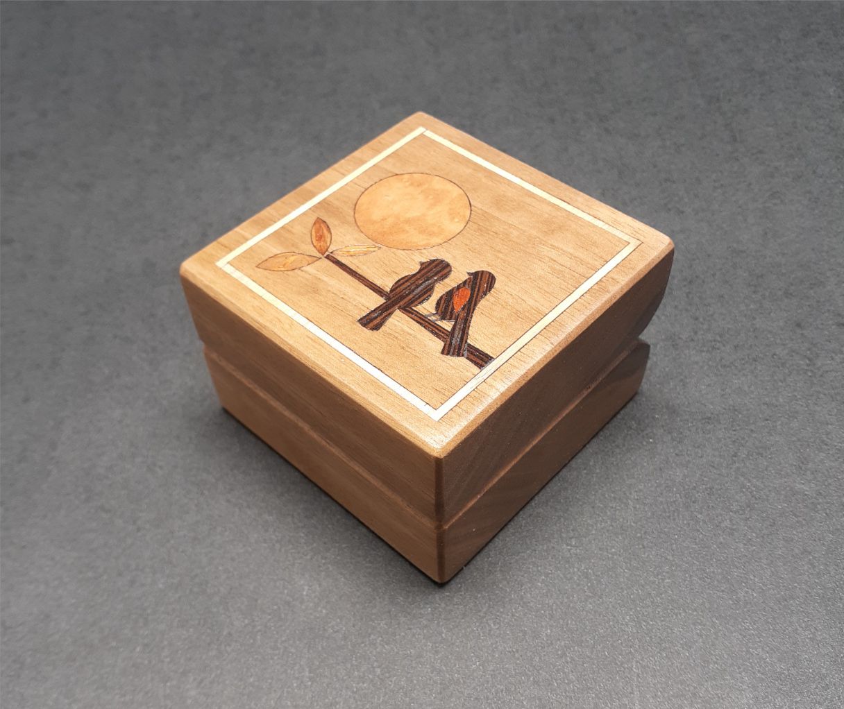Handcrafted Walnut Ring Box "Two Birds and the Moon" RB-34   Made in the U.S.