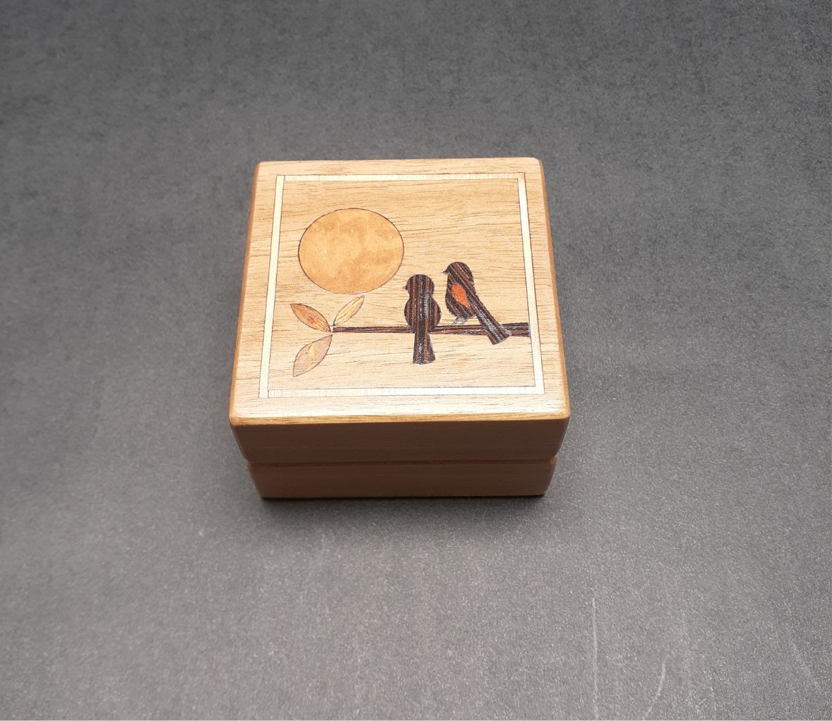 Handcrafted Walnut Ring Box "Two Birds and the Moon" RB-34   Made in the U.S.
