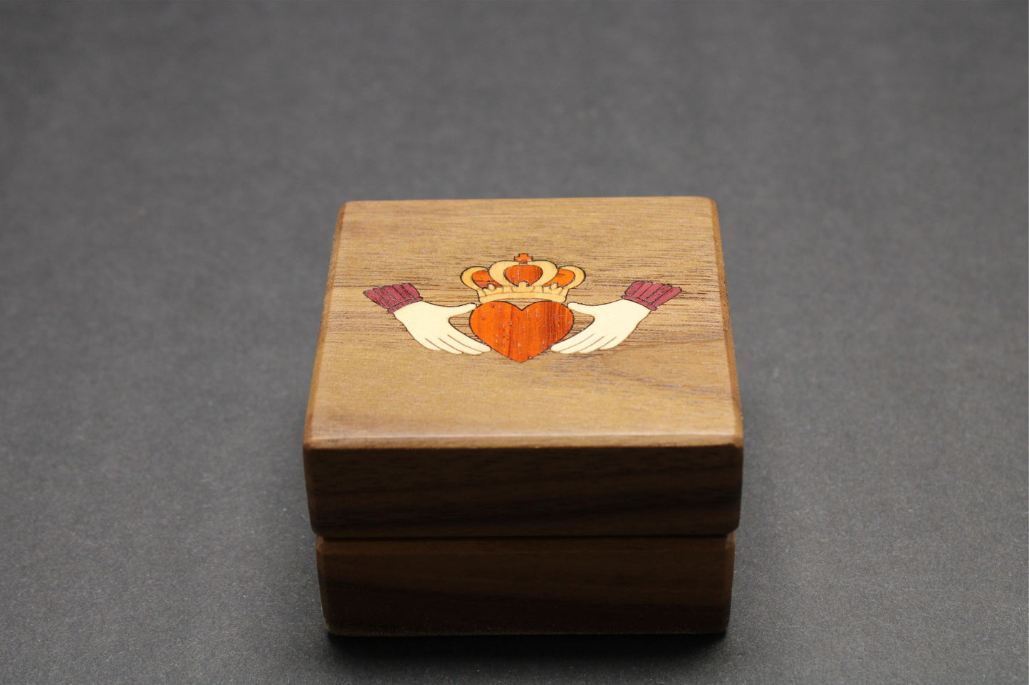 Handcrafted Inlaid Walnut Ring Box, "Claddagh"  RB-62  Made in the U.S.
