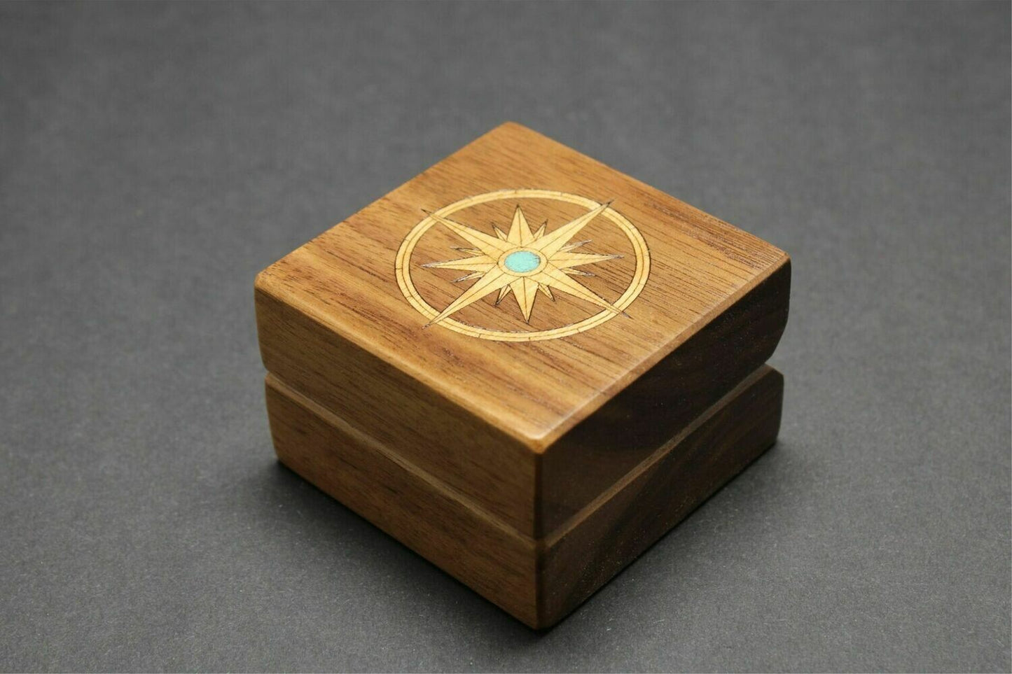 Handcrafted Walnut Ring Box - "Compass"  RB-17   Made in the U.S.