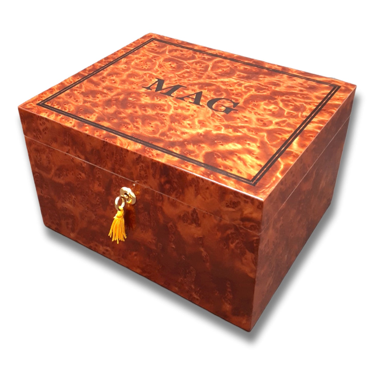 50-Count Humidor in Redwood burl with French Polish finish. Made in the U.S.
